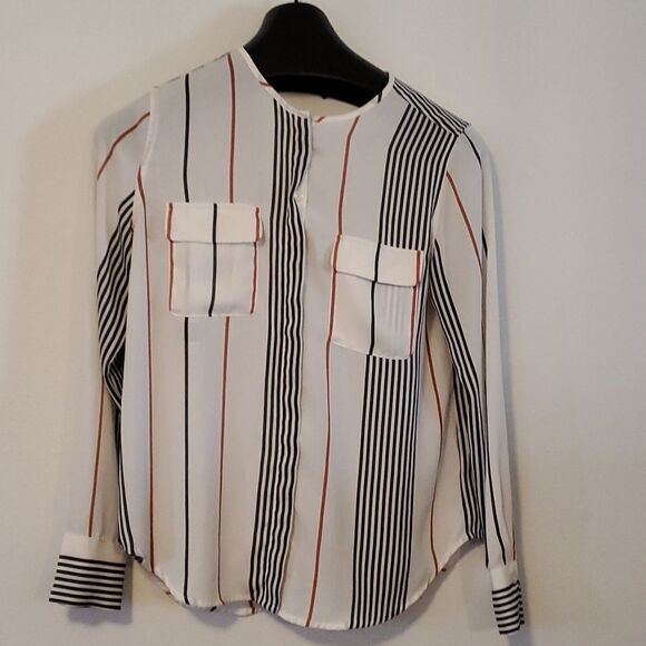 Who What Wear Woman’s Medium Striped Button Up Sheer Blouse Hidden Button Pocket - Picture 1 of 6